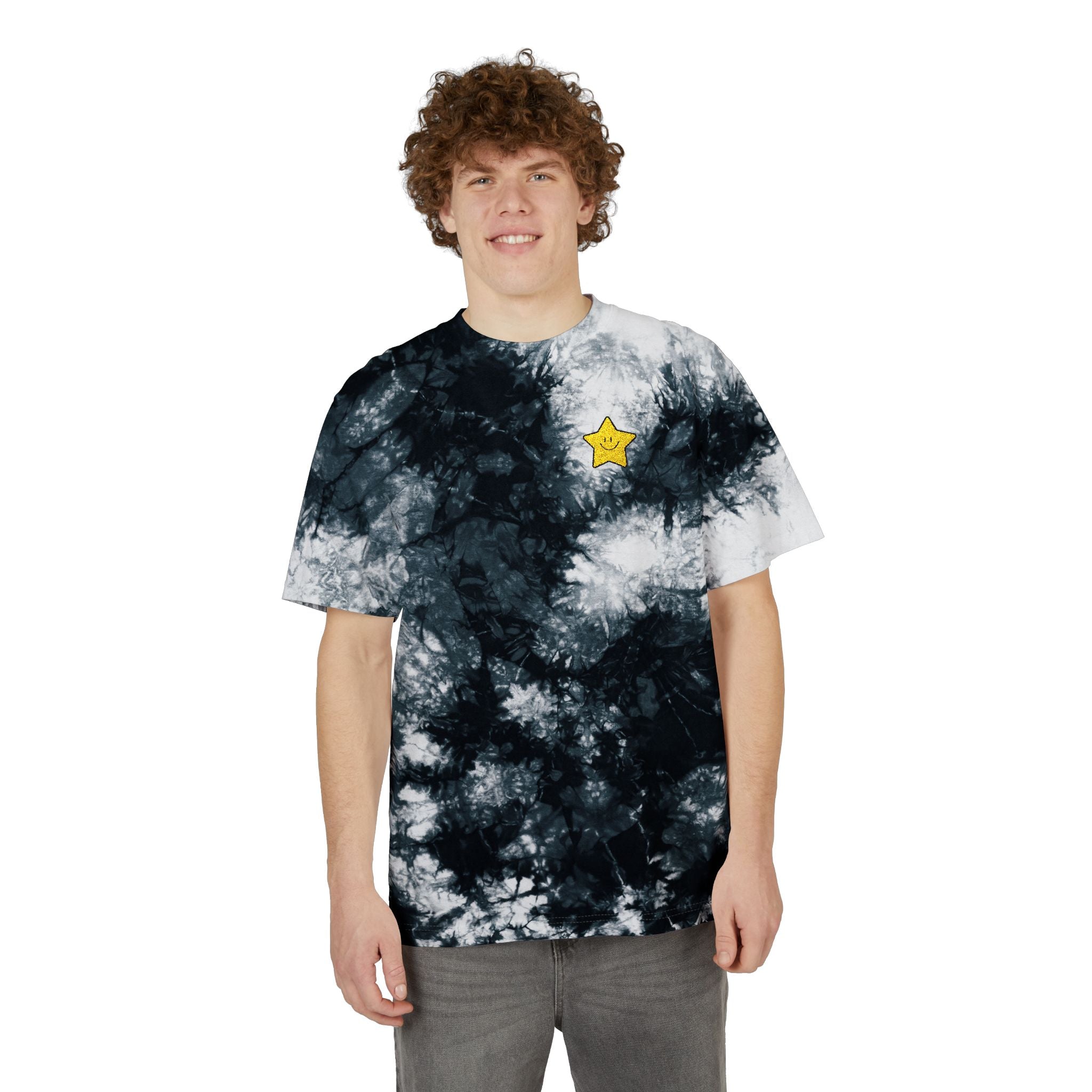 Nice Try Tie-Dye T-Shirt — Black & White Star Embroidery